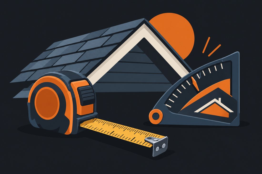 Illustration of a roof with a measuring tape and a pitch gauge for a Austin, TX home