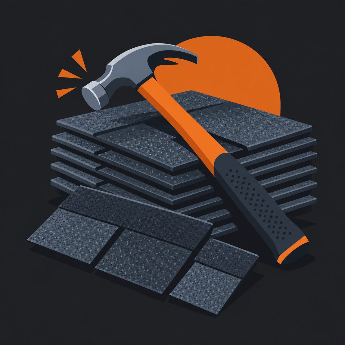 Illustration of shingles stacked with a hammer for a Austin, TX home