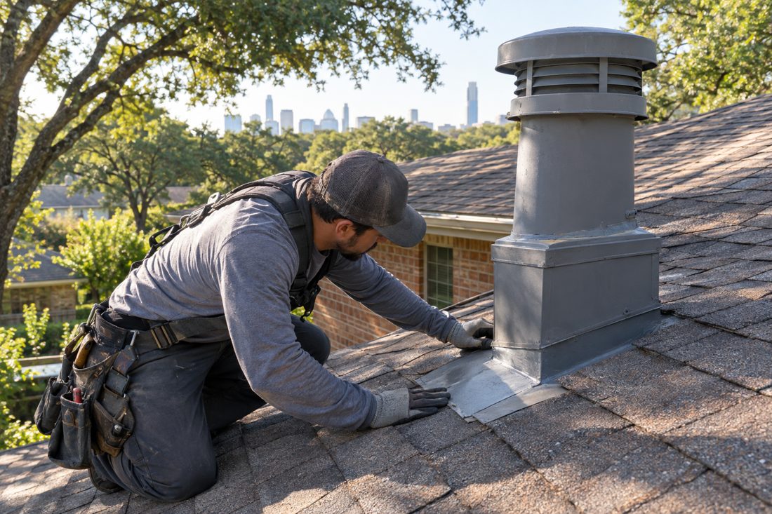 A close view of a roofer checking flashing beside a vent on a brick ranch roof, with Austin trees softly in the background in North Shoal Creek, TX