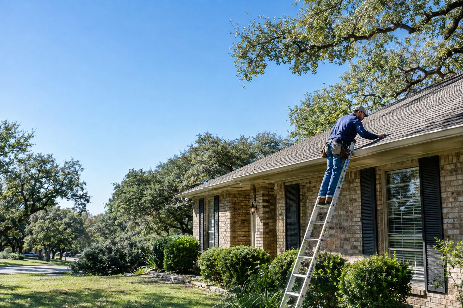 A roofing worker inspects shingles from a ladder beside an established North Shoal Creek brick ranch on a clear Austin day in North Shoal Creek, TX